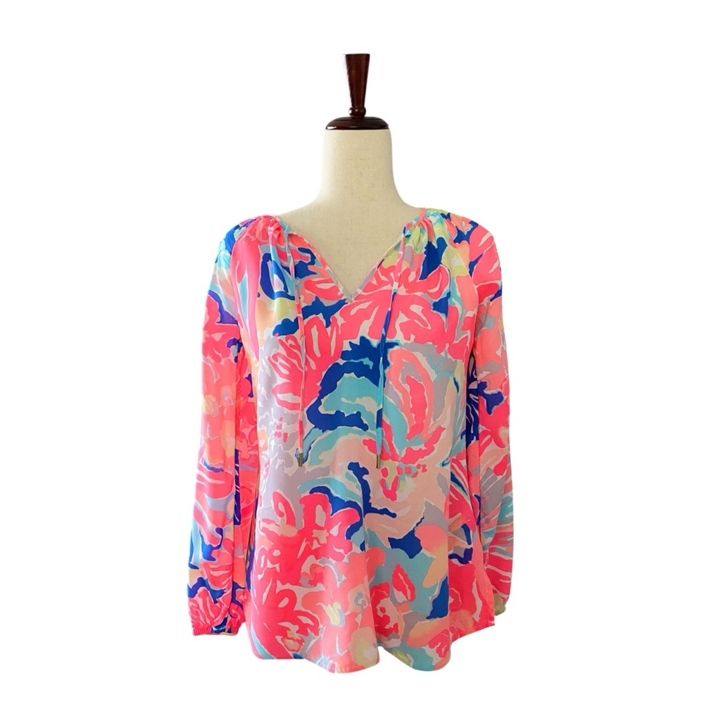 Lilly Pulitzer Willa Top XS Abstract Floral Long Sleeve V-Neck Tassel Blouse